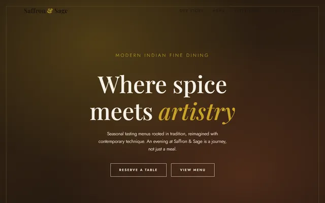 Saffron & Sage demo homepage: a dark, gold-accented restaurant page with a large serif headline reading &ldquo;Where spice meets artistry&rdquo;